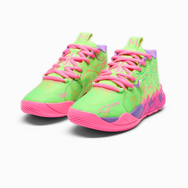 puma Bold x LAMELO BALL MB.01 Inverse Toxic Big Kids's Basketball Shoes, Purple Glimmer-KNOCKOUT PINK-Green Gecko, extralarge